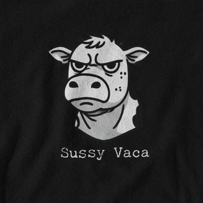 Black t-shirt with a graphic of an angry cow and 'Sussy Vaca' text on a black background