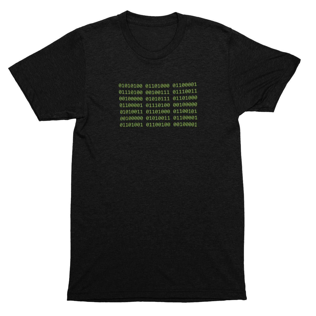 Black t-shirt with green binary code design on a white background
