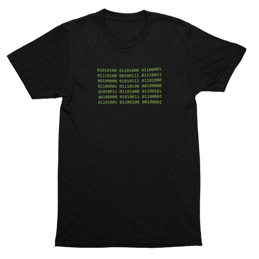 Black t-shirt with green binary code design on a white background
