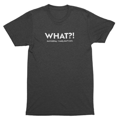 Dark gray t-shirt with white text on a white background